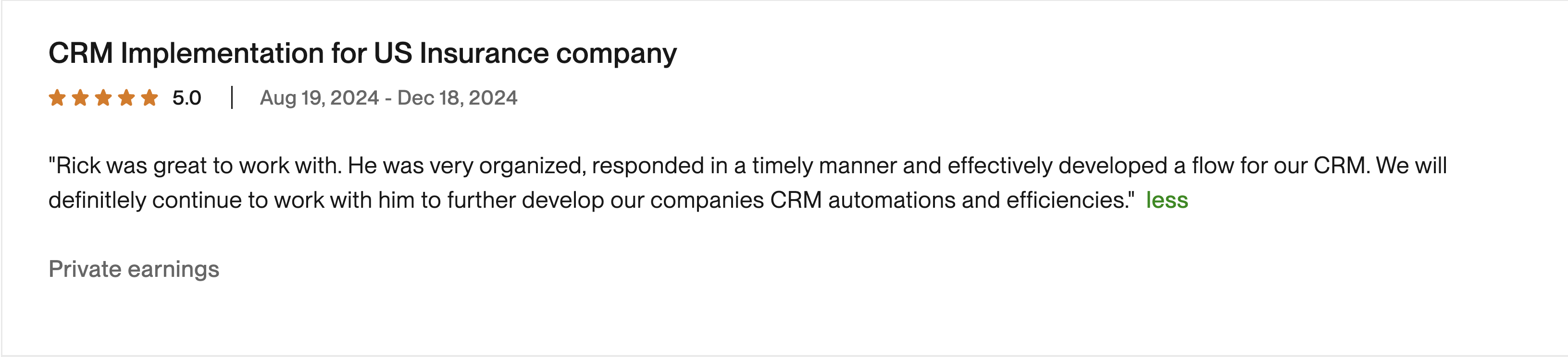 CRM Implementation for US Insurance company - 5 stars